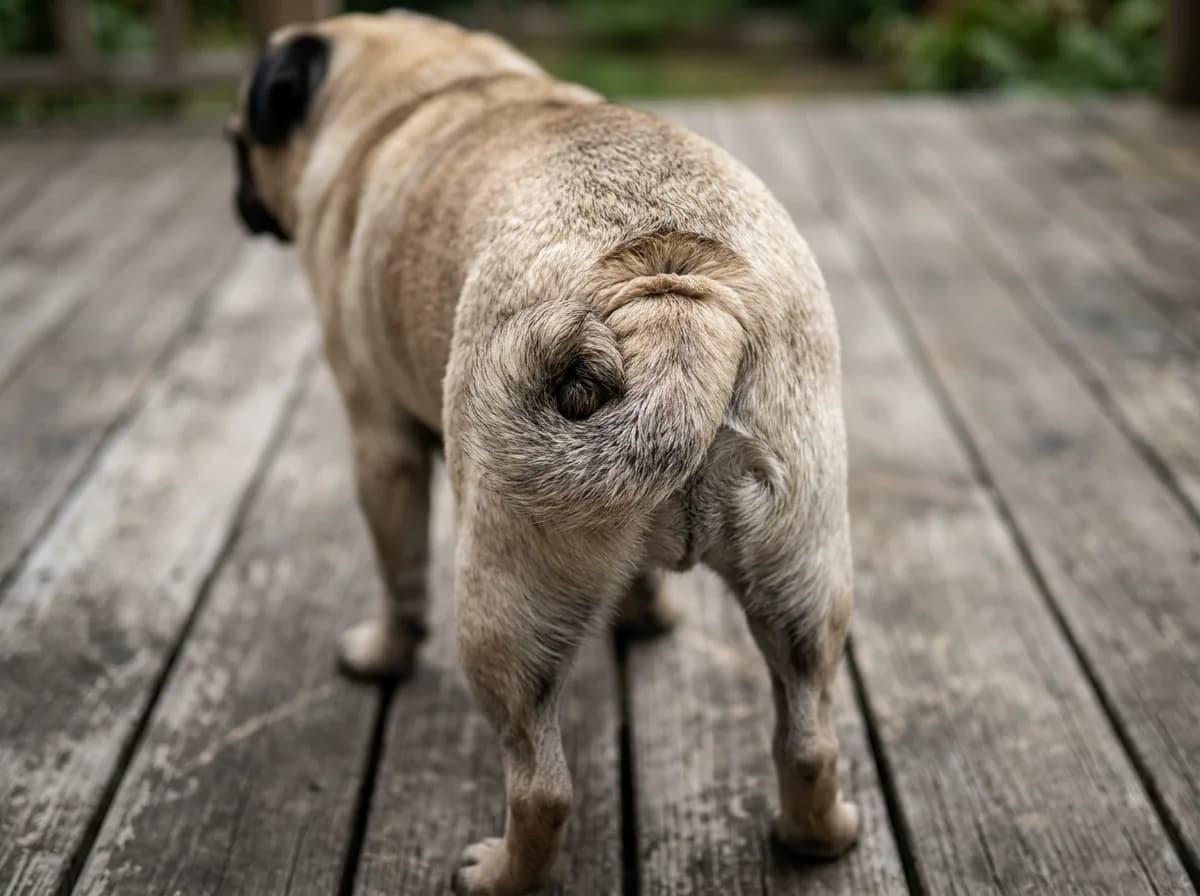 Close-up from behind of a fawn pug standing on a wooden deck, showing its tightly double-curled tail coiled against the rump
