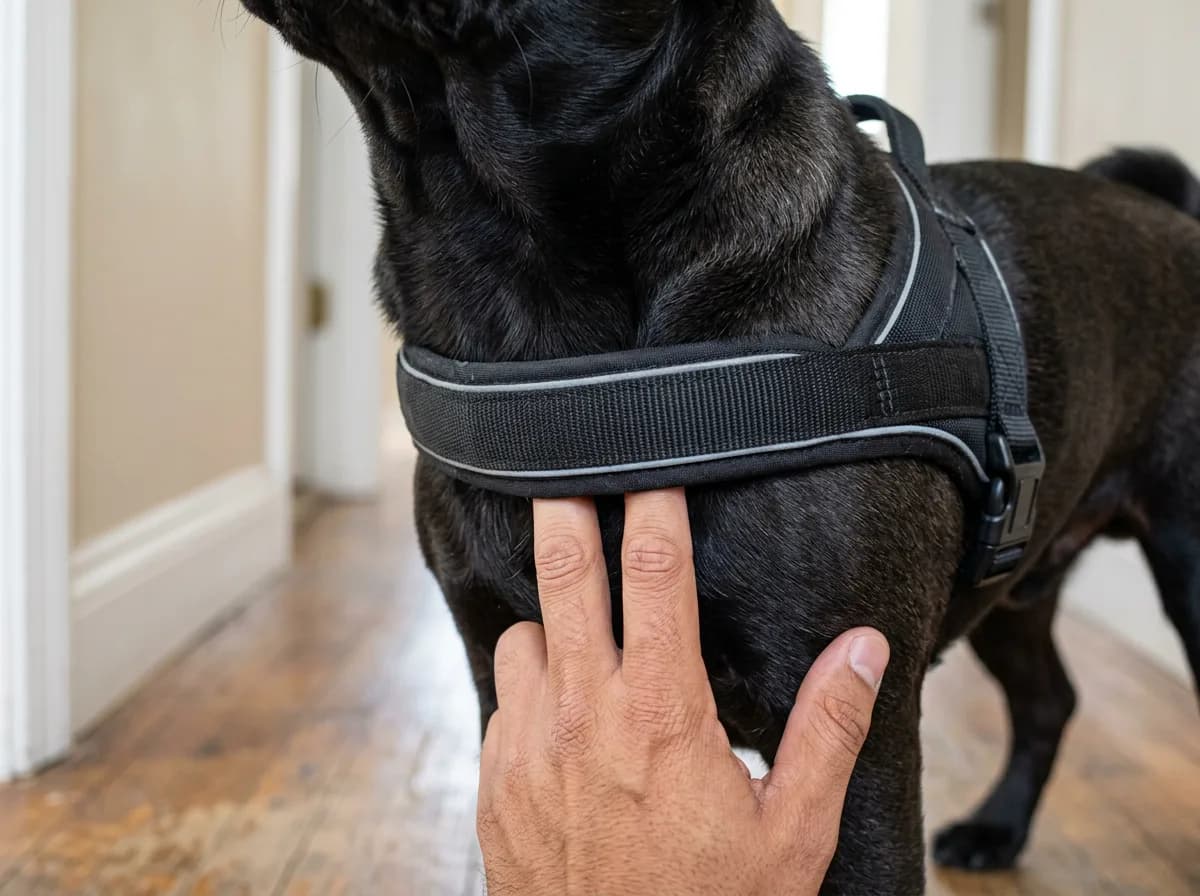 Close-up of a black pug wearing a padded harness with the chest strap sitting well below the throat and two fingers slipped underneath to check the fit