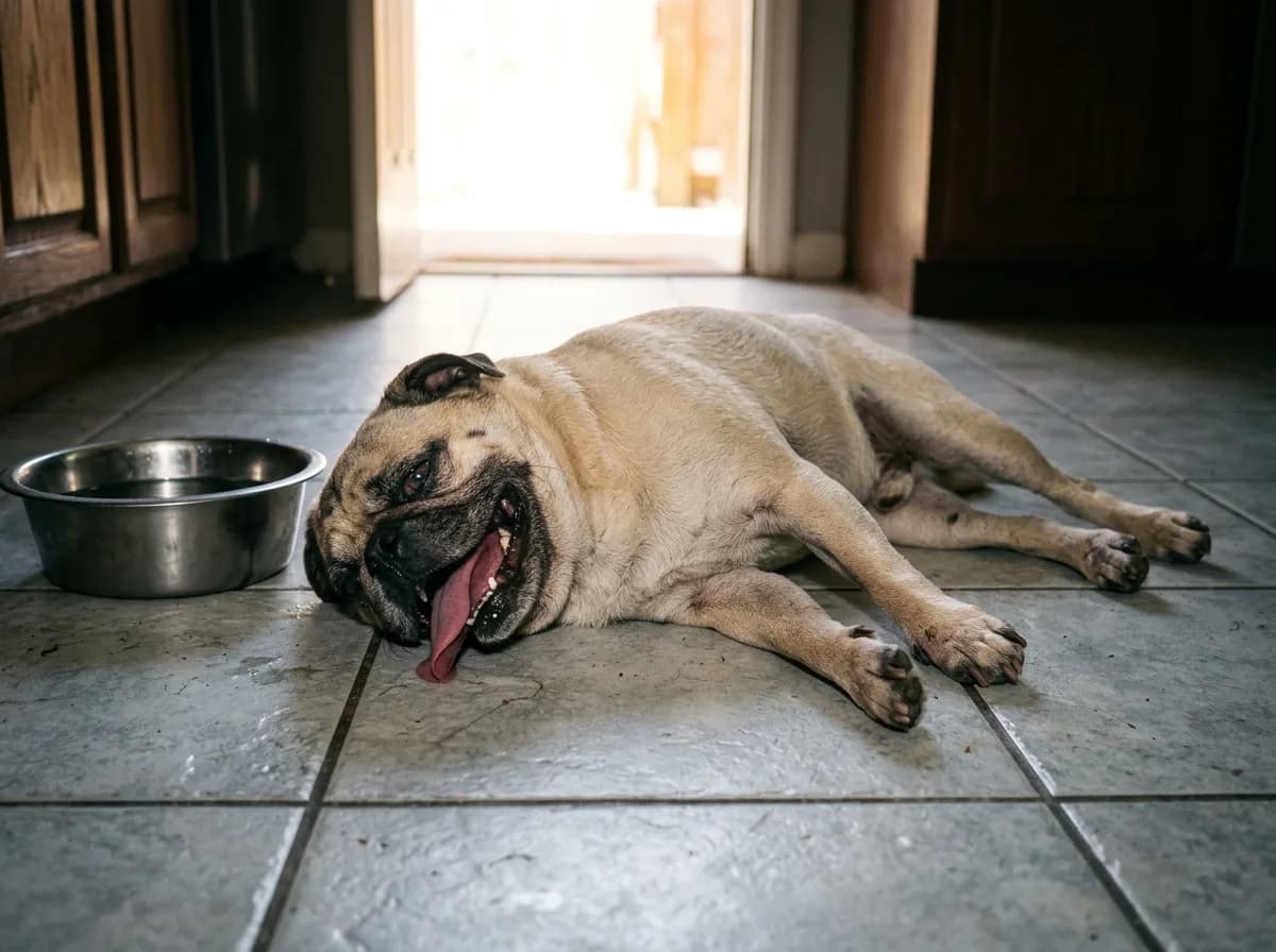 A fawn pug lying flat on cool tiled floor in shade, panting heavily with its tongue fully extended and legs stretched away from its body, beside a steel water bowl