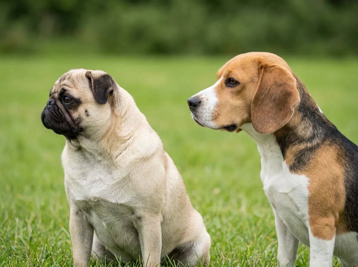 A fawn pug and a beagle sitting side by side in profile on grass, showing the pug's almost flat face against the beagle's long muzzle