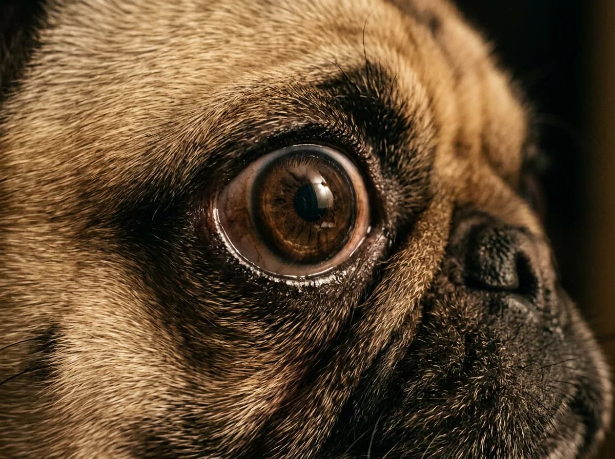 Macro close-up of a fawn pug's eye showing a large round eye sitting prominently in a very shallow socket