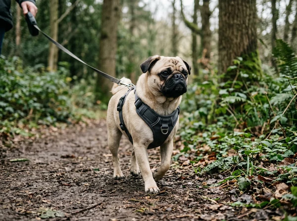 A fawn pug walking on a woodland path wearing a padded body harness with the leash clipped at the chest and no collar around the throat