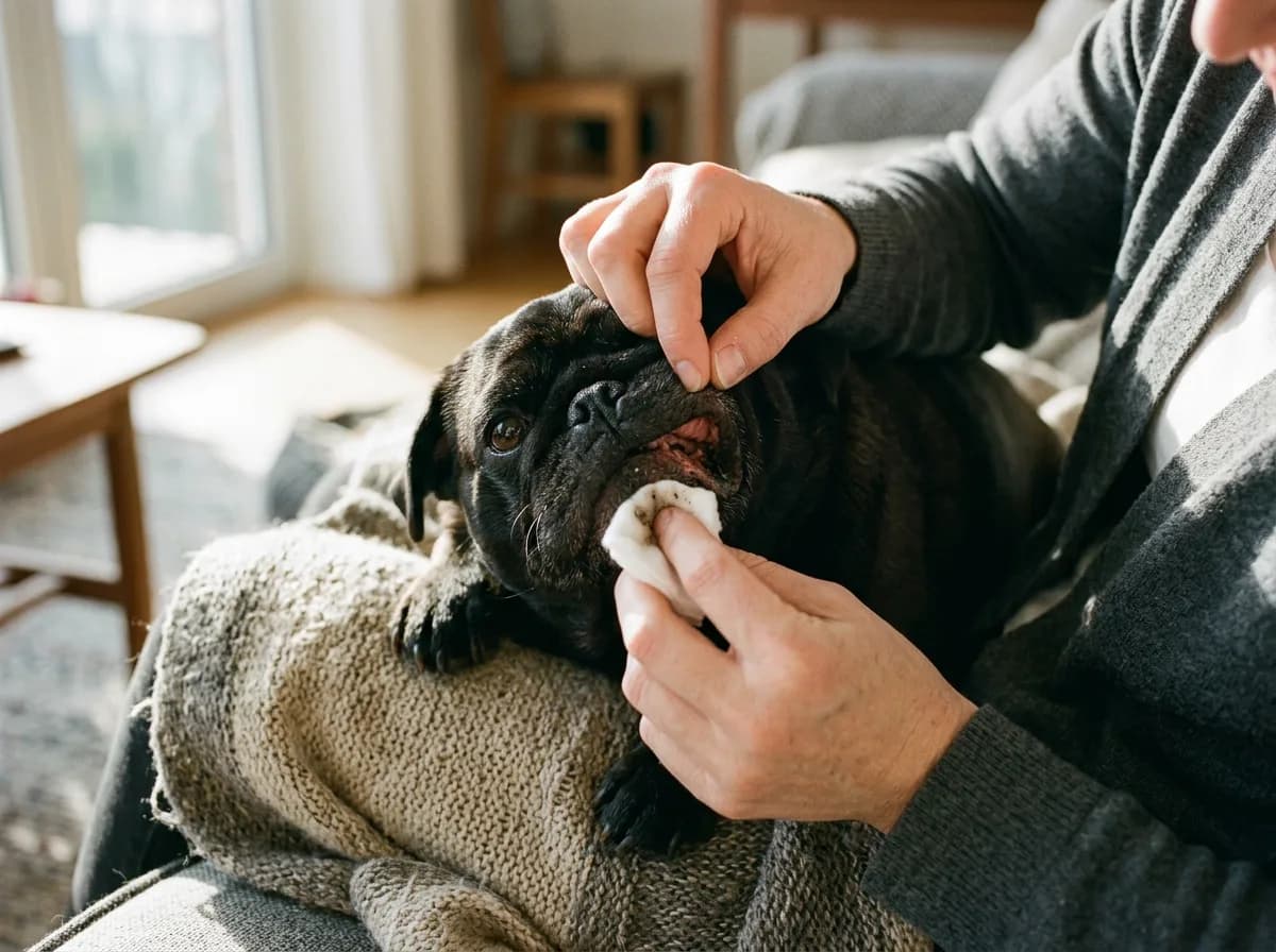 A person lifting the nose wrinkle of a black pug resting on their lap and wiping inside the fold with a soft white pad