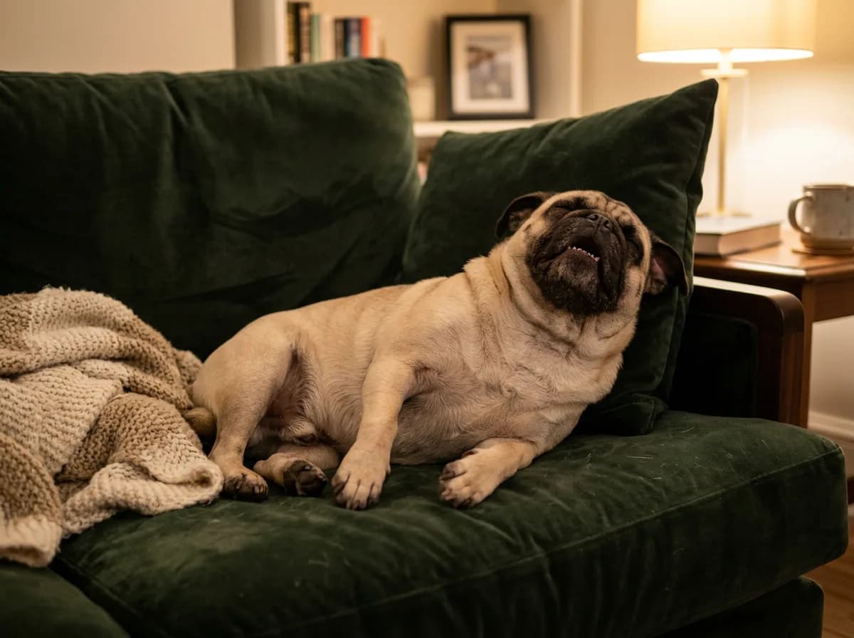 A fawn pug asleep propped against a sofa cushion with its head tipped back and mouth slightly open