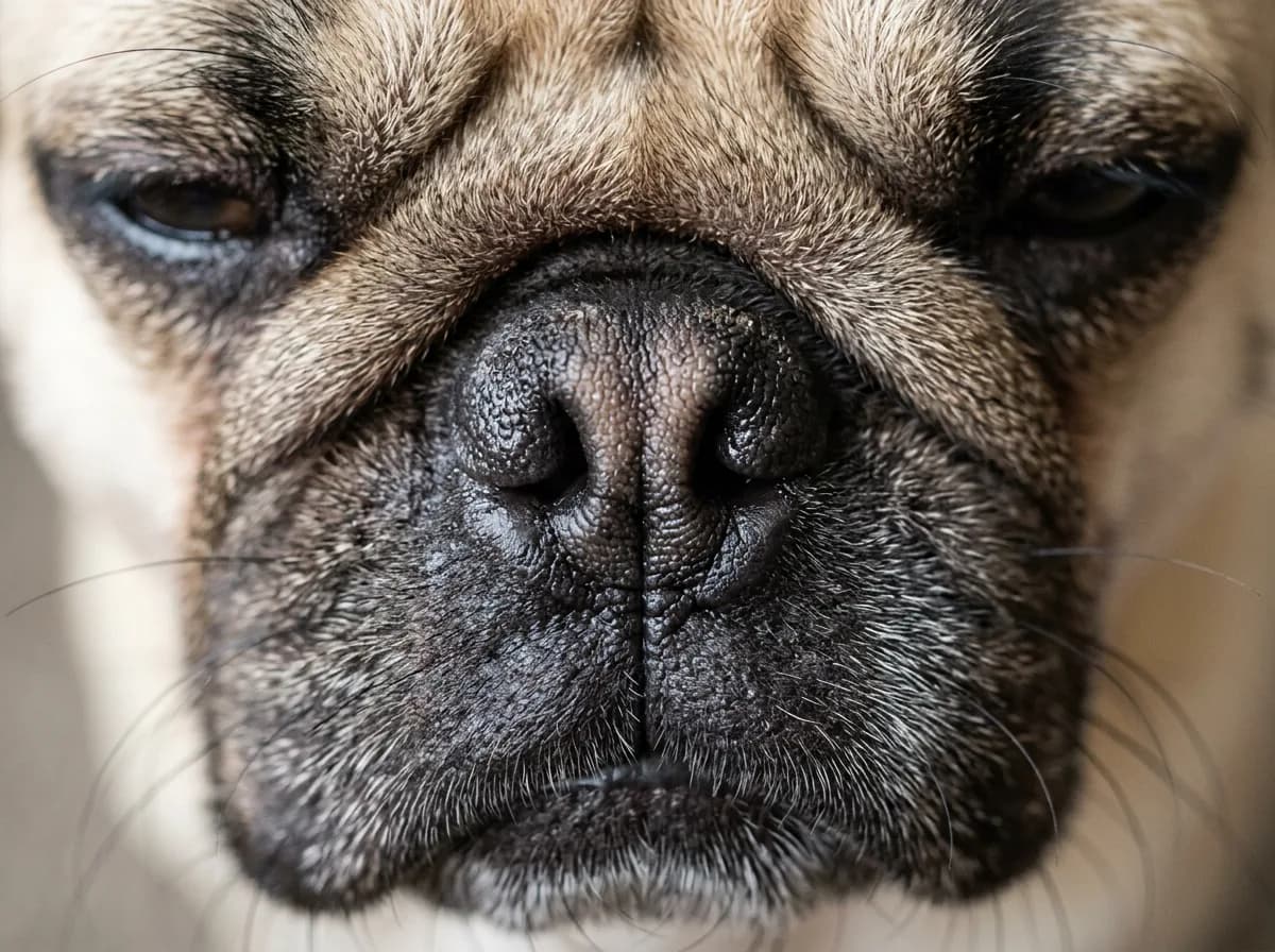 Extreme close-up of a fawn pug's nose showing nostrils narrowed to thin slits above a deep facial wrinkle