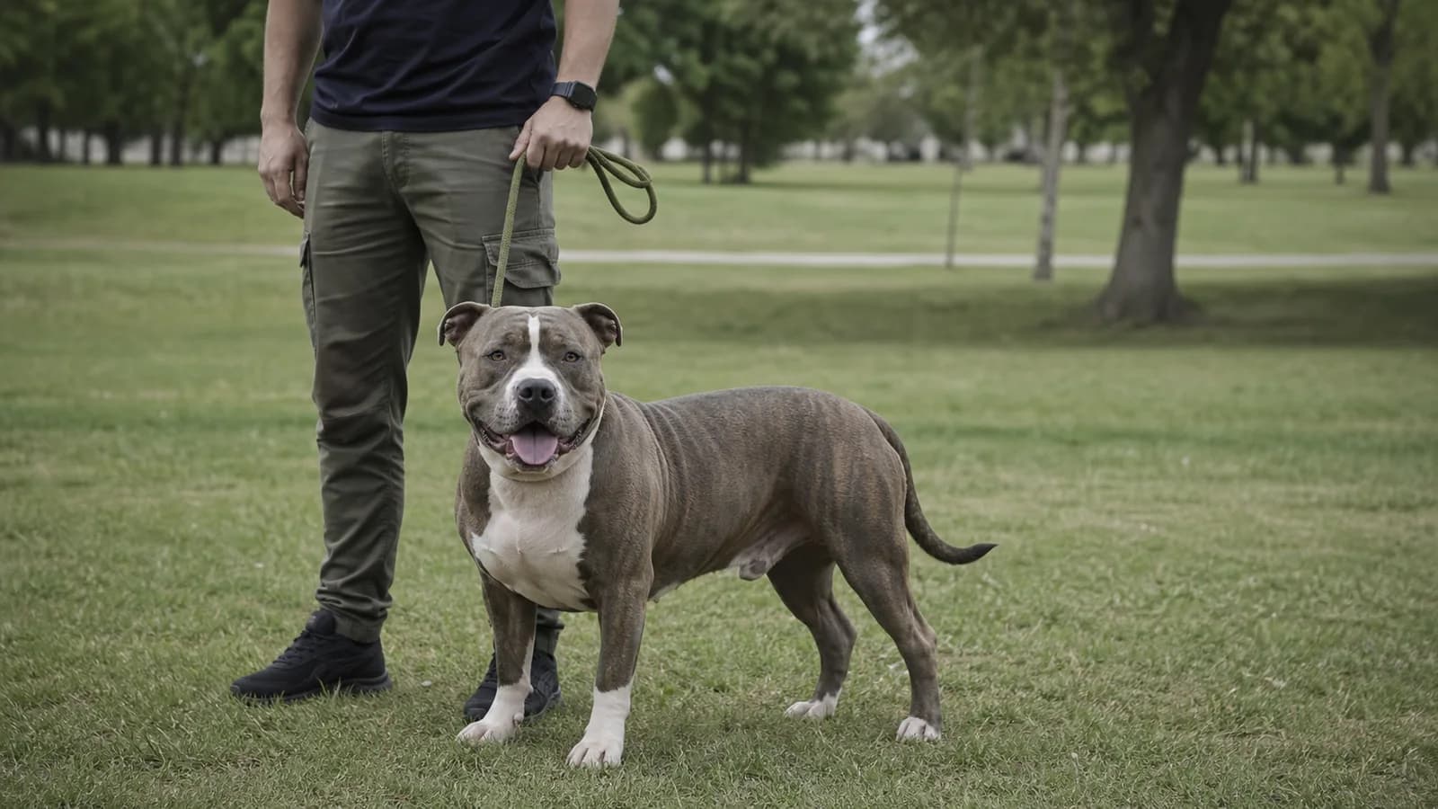 A healthy adult XL American Bully standing beside an adult handler for honest scale in a public park