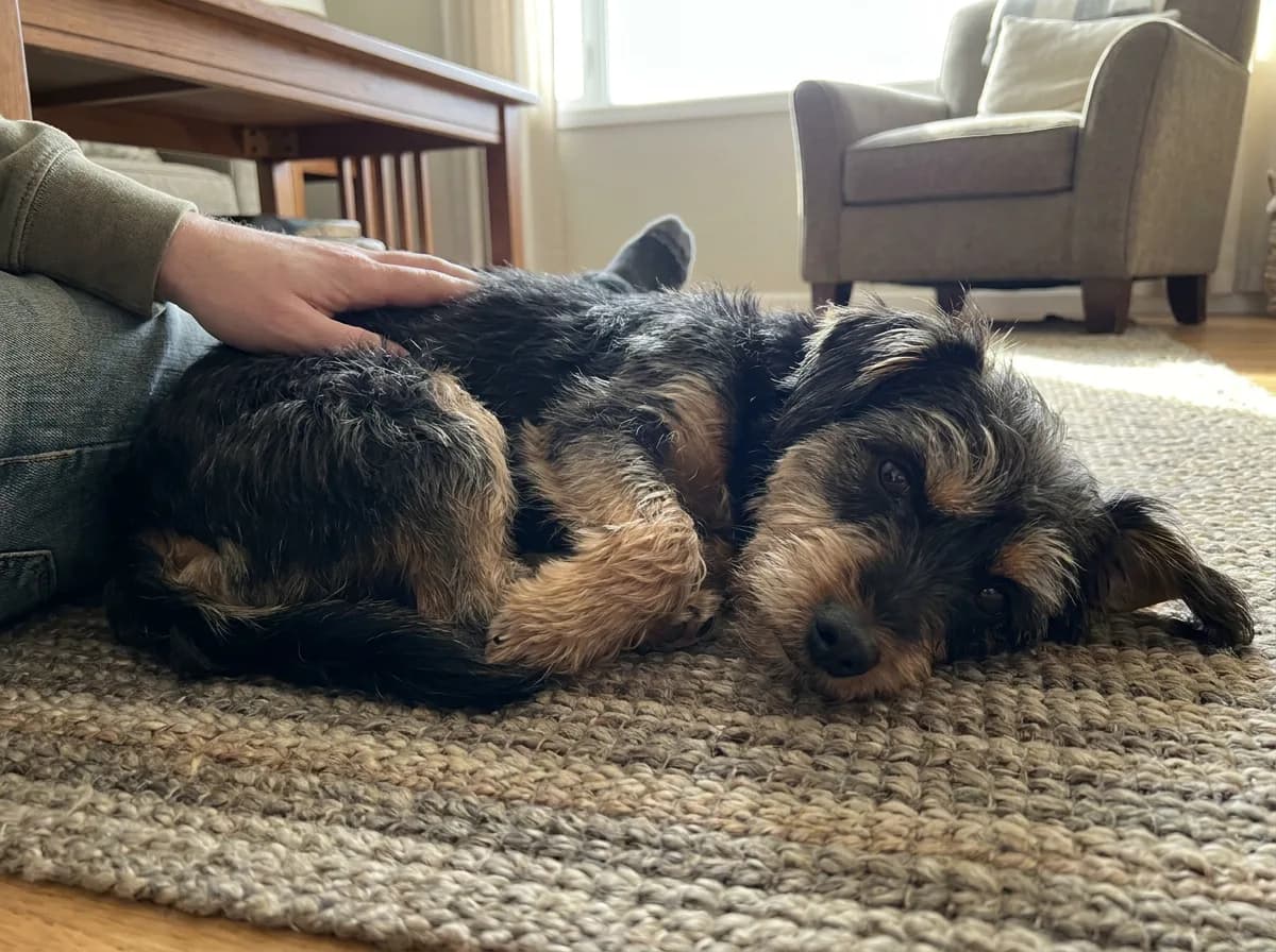 Illustrated black-and-tan small curly-coated dog resting beside a person on a living-room rug.