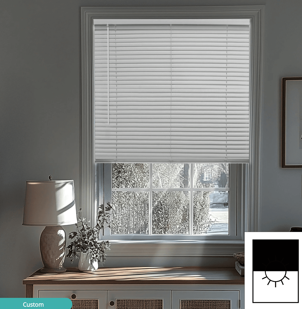 Simple white mini blinds on a window with a view.
