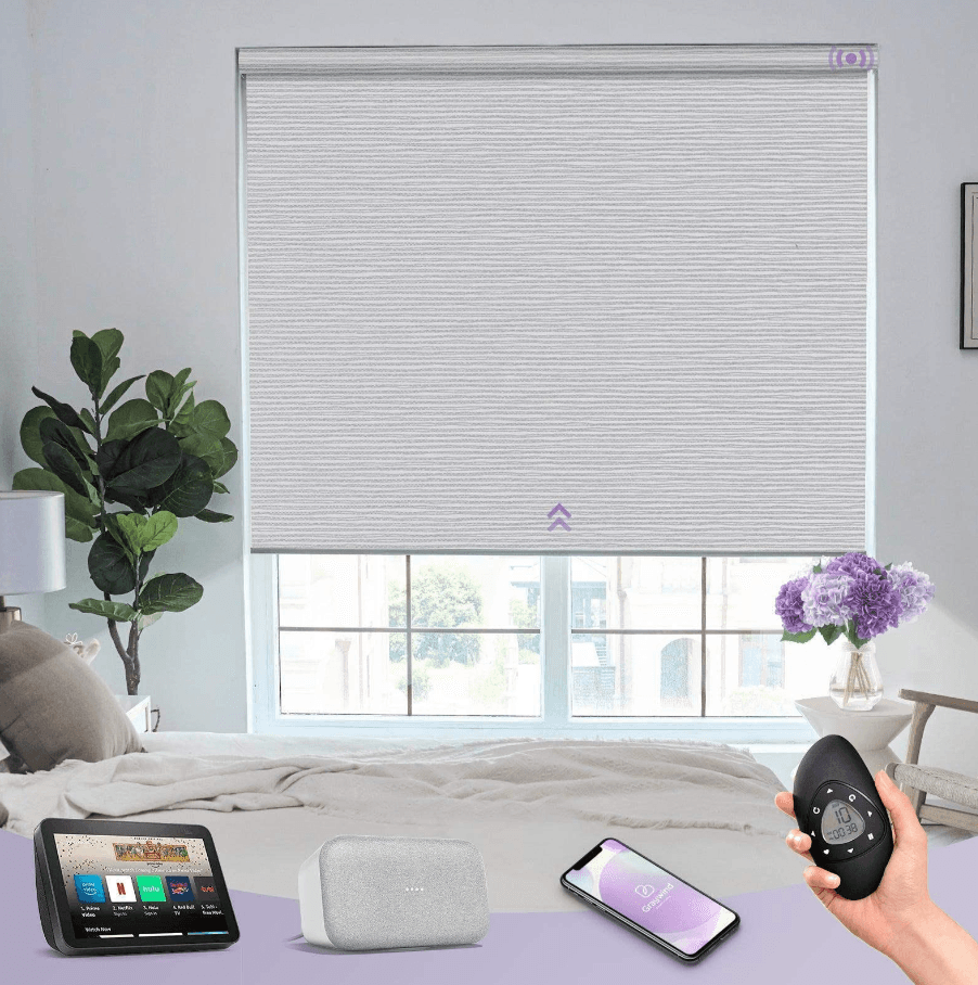 Motorized roller shade with remote and smart home devices.