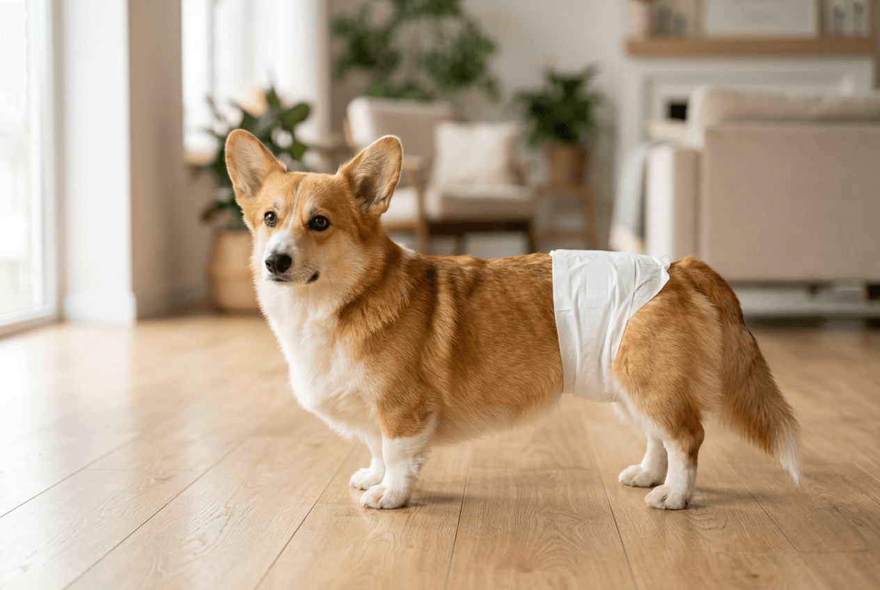 A Pembroke Welsh Corgi wearing a clean white dog diaper in a bright living room.