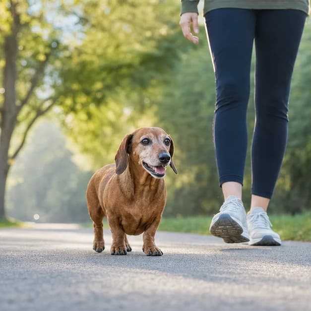 Senior smooth Dachshund walking comfortably beside an owner on a quiet path