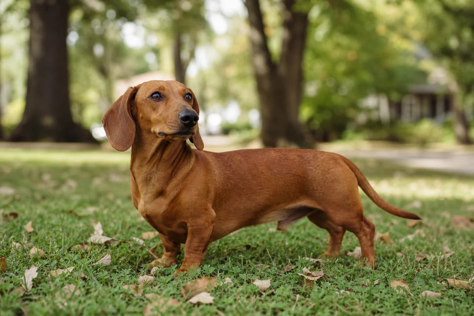 Adult smooth red Dachshund standing naturally outdoors with its full body visible
