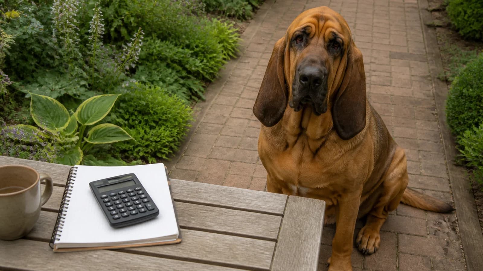 Adult Bloodhound sitting beside a notebook and calculator on a home desk, no readable text