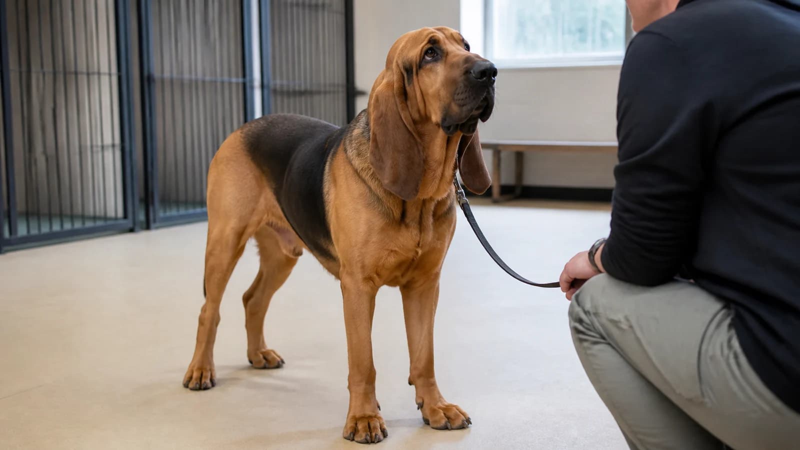 Attentive adult Bloodhound making relaxed eye contact with its handler outdoors