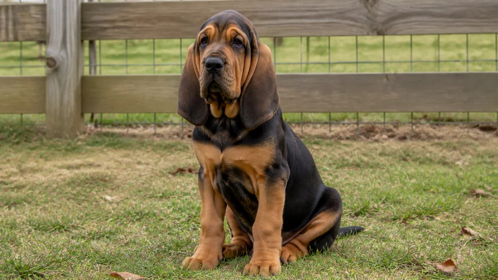 Realistic black-and-tan Bloodhound puppy sitting alertly on grass