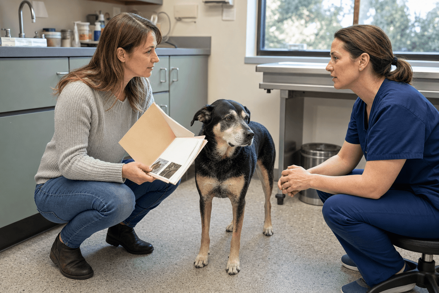 Dog owner and veterinarian reviewing organized health notes beside an older dog.