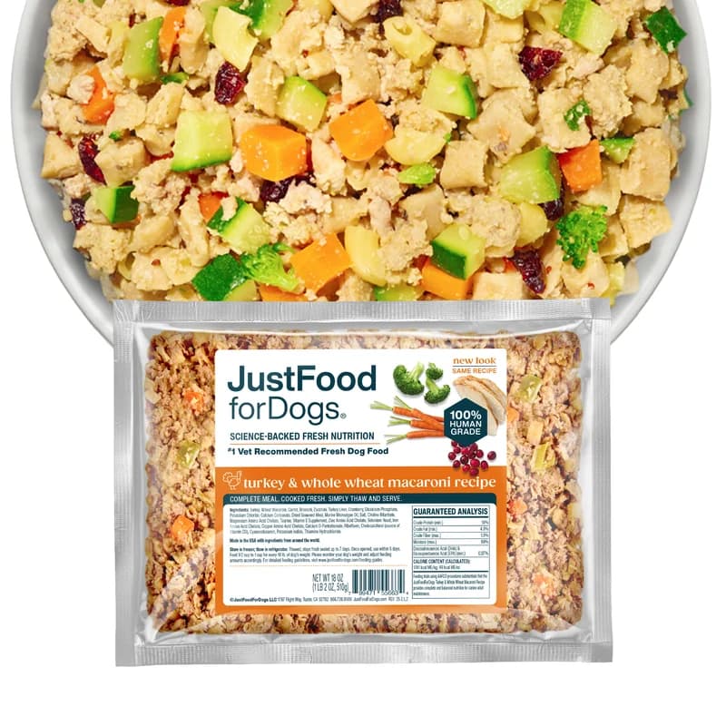 Just Food For Dogs Fresh Frozen Turkey & Whole Wheat Macaroni recipe, a vet-developed human-grade fresh meal made from USDA-inspected ingredients