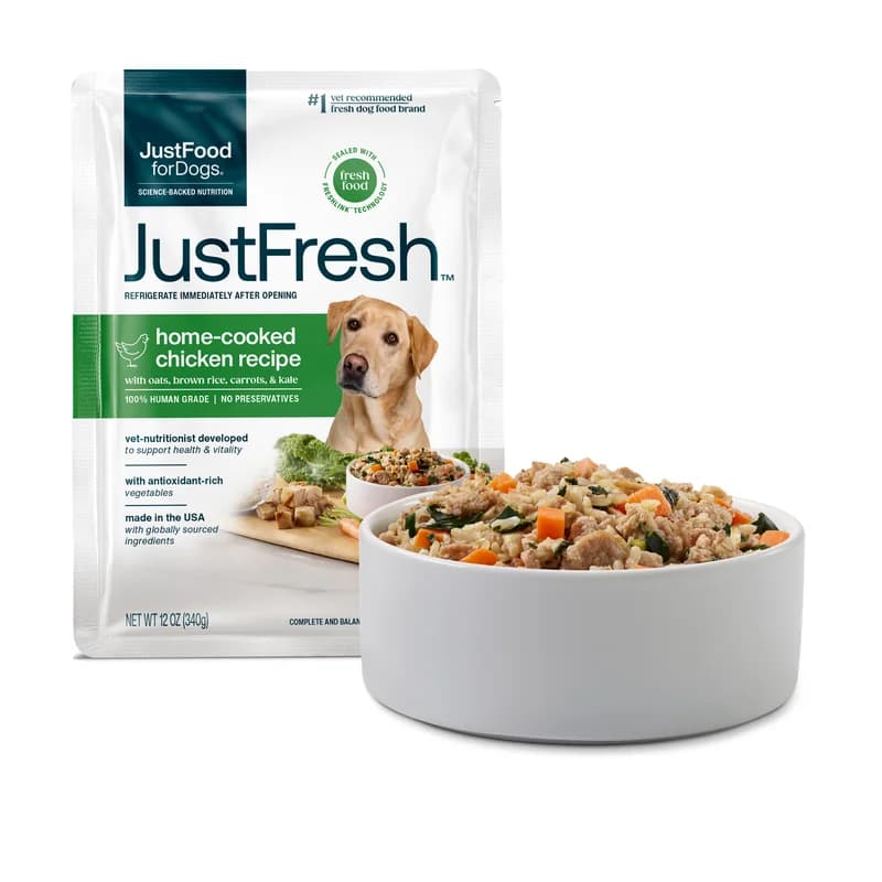 Just Food For Dogs JustFresh home-cooked chicken recipe, a shelf-stable human-grade fresh food shown with a served bowl