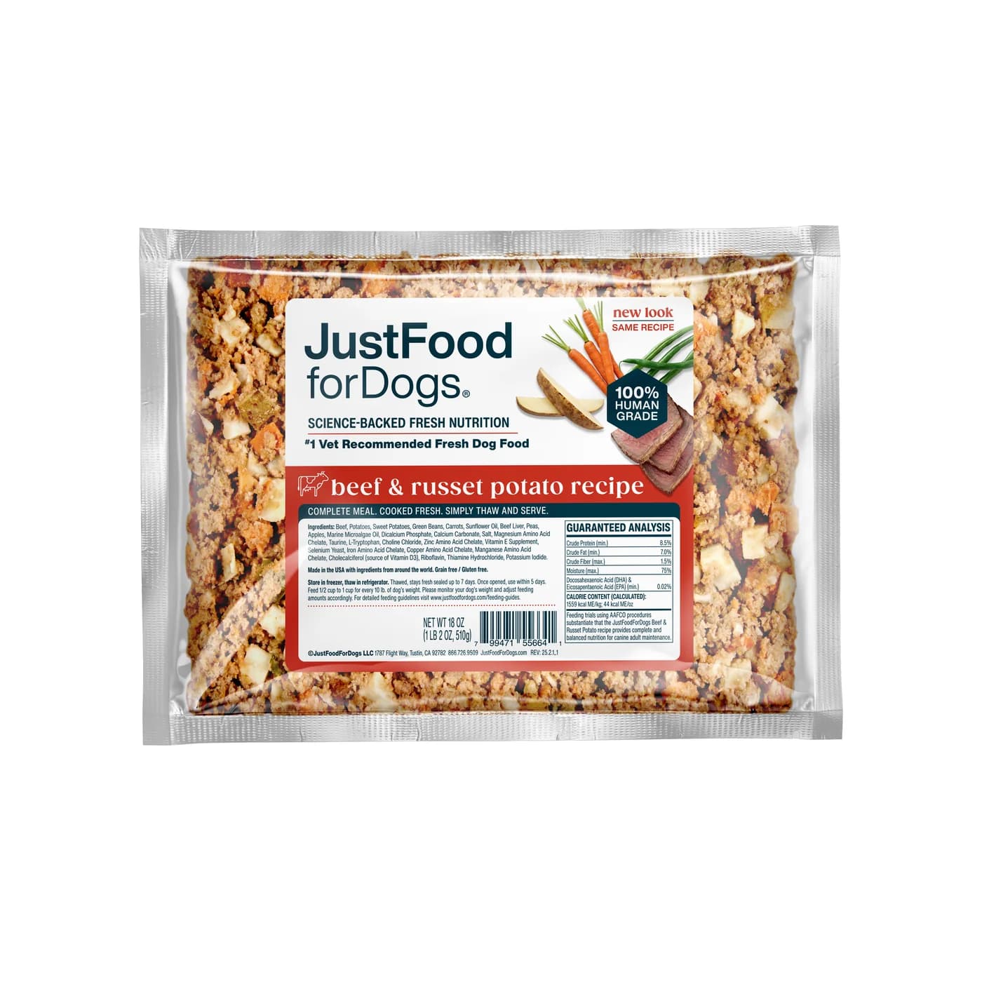Just Food For Dogs Fresh Frozen Beef & Russet Potato recipe, a vet-developed human-grade meal made from USDA-inspected ingredients, shown in its frozen package