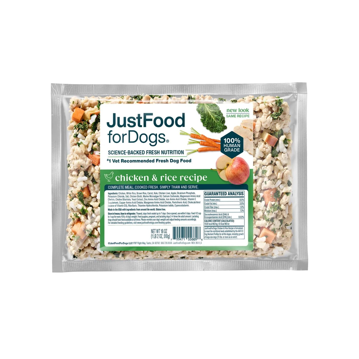 Just Food For Dogs Fresh Frozen Chicken & Rice recipe, a vet-developed human-grade meal made from USDA-inspected ingredients, shown in its frozen package