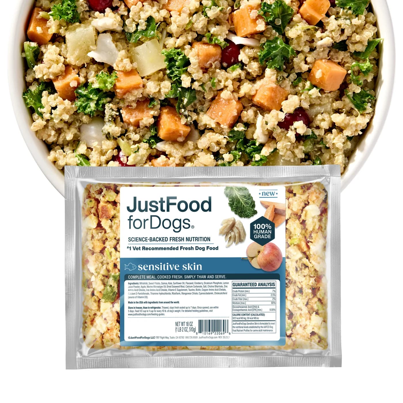 Just Food For Dogs Sensitive Skin, a Fresh Frozen wild-caught white fish recipe with omega-3 and omega-6 fatty acids that support skin and coat, an editorial OTC pick for dogs with food-related skin sensitivities